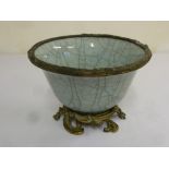Chinese 19th century craquelure celadon glazed porcelain dish with metal mounts