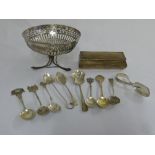 A quantity of silver to include a covered box, a bonbon dish and ten spoons