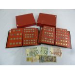 A quantity of English coins and bank notes to include QEII albums, six £1 notes, seven ten