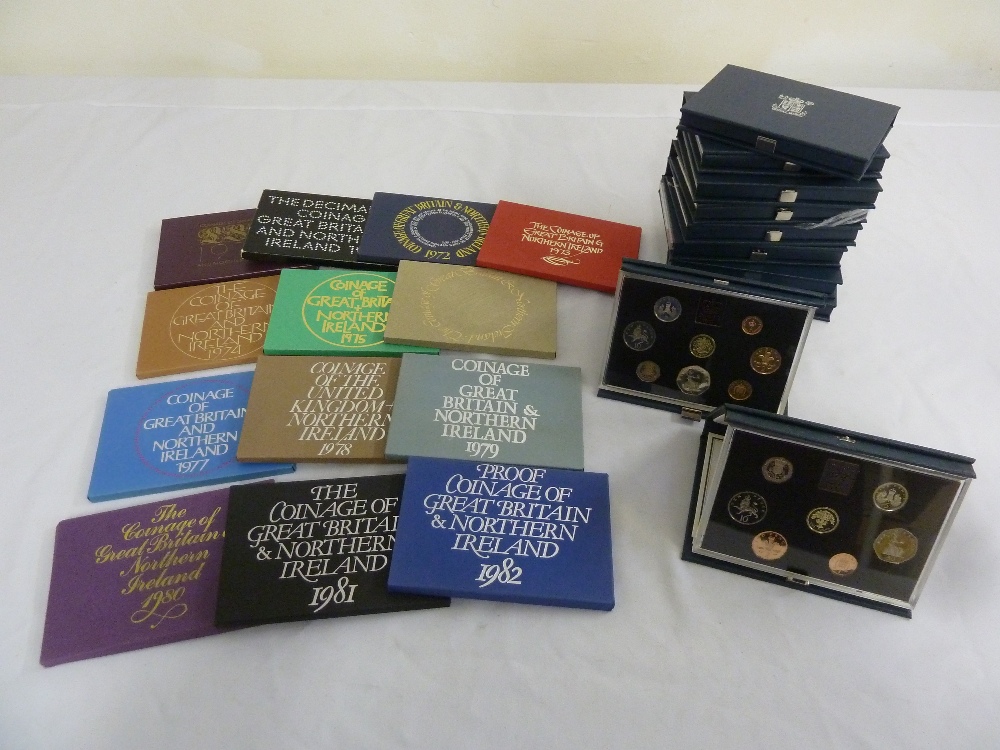 A quantity of English coinage to include ten proof sets and thirteen BU sets 1970 -1991