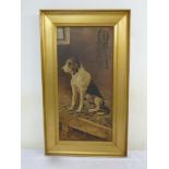 F. Whoway framed oil on canvas of a dog in a stable, signed bottom right, 58.5 x 28cm