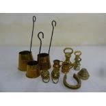 Quantity of brass and copper to include weights and measuring jugs