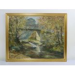 Ken Johnson oil on canvas of a bridge and river, signed bottom right, 49.5 x 65cm