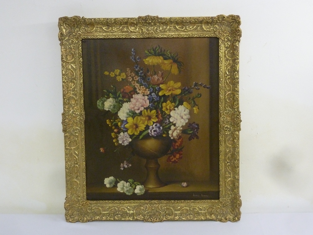 James North framed oil on canvas still life of flowers, signed bottom right, 59.5 x 49.5cm