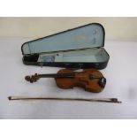 Late 19th century violin and bow in fitted case, A/F