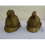 Two Victorian firemens brass helmets A/F