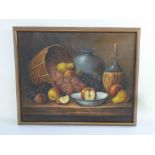 Framed oil on canvas still life of fruit, indistinctly signed bottom right, 59.5 x 75.5cm
