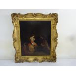 A Victorian framed oil on canvas of two figures in interior scene, 59.5 x 49.5cm