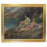 Rowland Wheelwright oil on canvas of two ladies sunbathing by the seaside, signed bottom right, 47 x