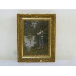 Victorian oil on canvas of a young boy fishing, in gilded frame monogrammed BG, 25.5 x 18cm