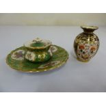 Royal Crown Derby Imari pattern vase and a Staffordshire porcelain inkwell