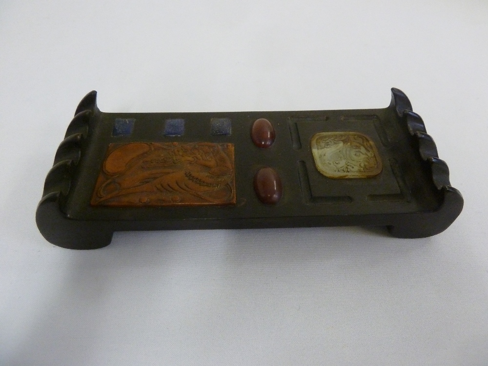 Chinese 20th century wood, jade and soapstone pen rest