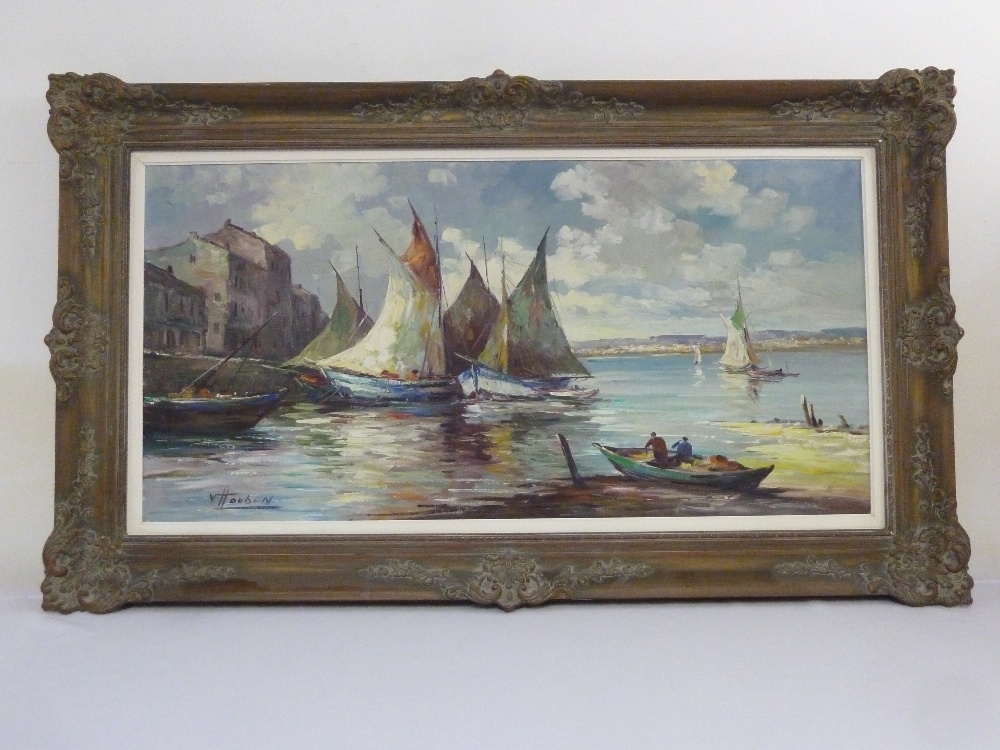 V. Houben oil on canvas of sailing boats in a harbour, signed bottom left, 48.5 x 98.5cm