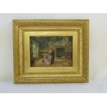 A Victorian oil on copper depiction of an interior scene, in gilded frame, 19.5 x 27.5cm