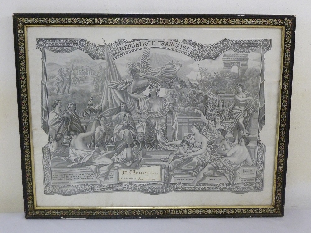 WWI framed and glazed Republic Francais for Mr Louis Thoury, 44 x 58.5cm