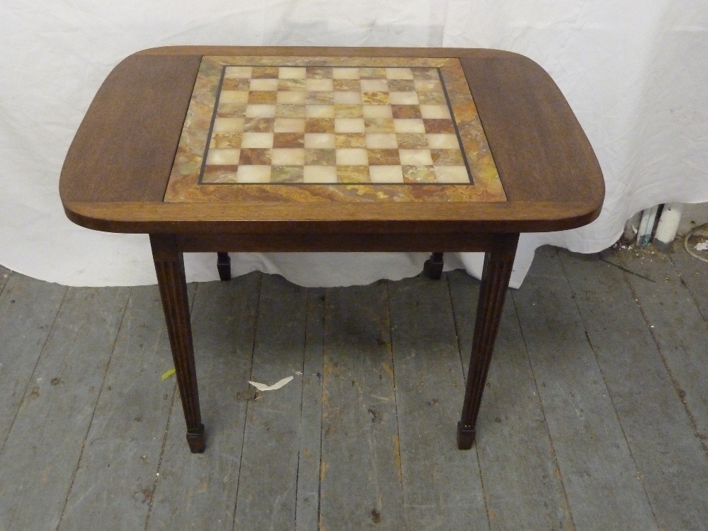 Oak shaped rectangular chess table with marble inlaid chess board on four tapering rectangular legs