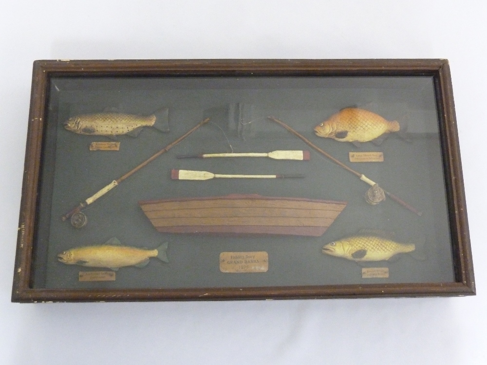 Framed and glazed fishing display, 25.5 x 48cm