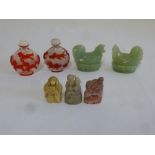 Two Oriental snuff bottles and five other Oriental figurines