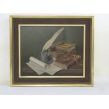 G Bailey a framed oil on canvas still life of books and an inkwell, 38.5 x 49cm
