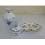 Herend blue and white vase, a covered dish and a butterfly dish