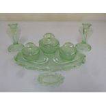 Art Deco green pressed glass dressing table set (7)