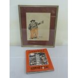 Graham Clarke framed and glazed cartoon of wine drinking Frenchman, 32.5 x 36.5cm and a hardbound