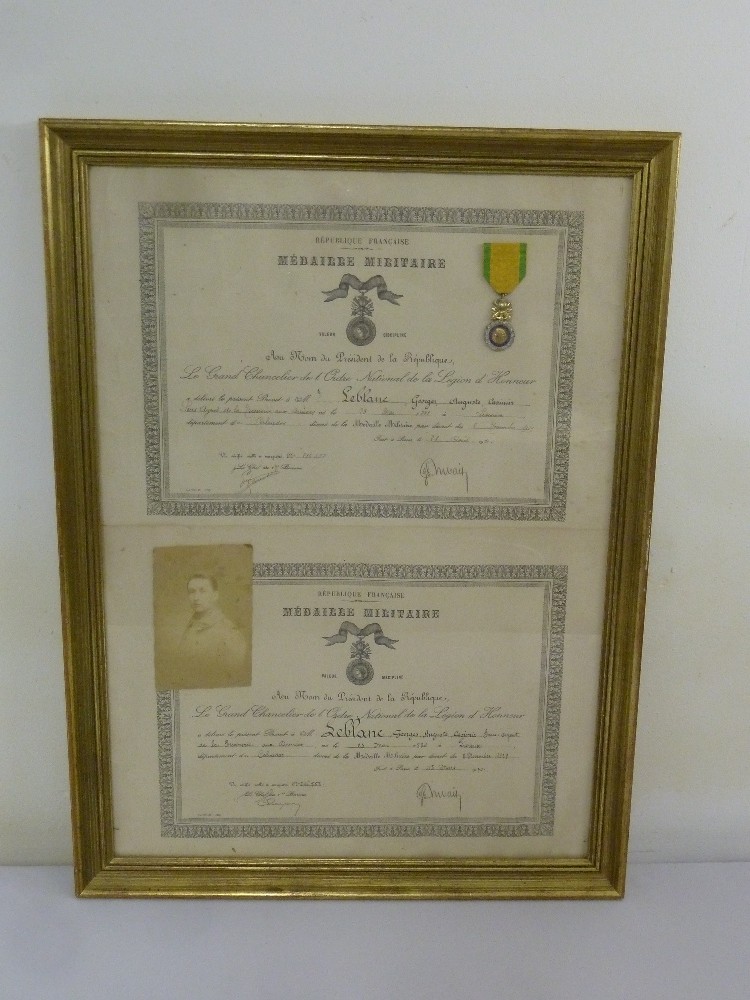 Framed and glazed French Medal Militaire for George Auguste Casimir Leblanc, 64.5 x 46.5cm