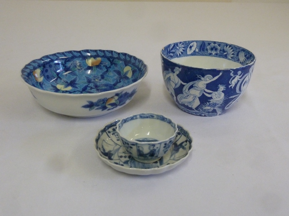 A Chinese blue and white tea bowl and saucer, a Grecian style blue and white bowl and a modern