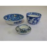 A Chinese blue and white tea bowl and saucer, a Grecian style blue and white bowl and a modern