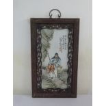 Chinese Republic period hand painted porcelain panel depicting an elder, mounted in hardwood frame