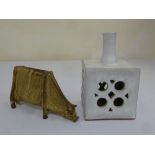 A studio pottery figurine of a cow and a pierced square vase with tubular neck, A/F