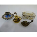 Three Continental miniature candlesticks and a Le Tallec covered box A/F