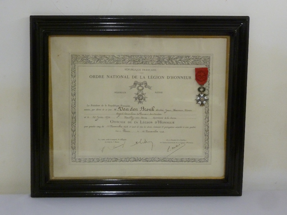 Framed and glazed Republique Francaise Order National de la legion D'Honneur for Andre Van den
