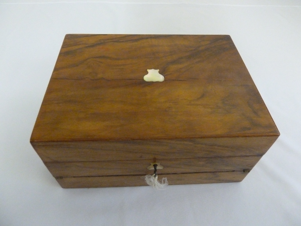 Edwardian rectangular mahogany ladies writing slope with Mother of Pearl escutcheon and cartouche