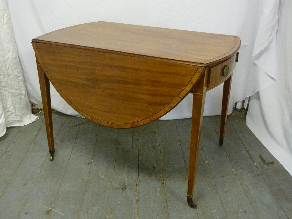 George III mahogany oval drop flap table with single drawer on four tapering rectangular legs