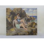 Rowland Wheelwright oil on canvas of ladies on a cliff side, 50.5 x 57cm
