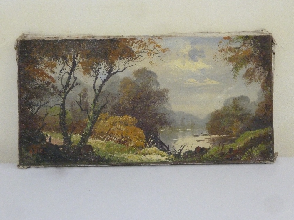 G. Viel oil on canvas of a lake and mountain scene, signed bottom left, 25 x 50cm