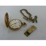 9ct gold pocket watch, a silver fob chain and a silver bookmark