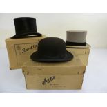 Scotts of London two top hats and a bowler hat, in original boxes