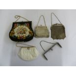 Four vintage evening bags and a bag frame