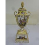 A Dresden lamp base of vase form with floral and figural decorations to the sides and raised