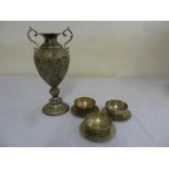 Persian white metal two handled vase, three white metal finger bowls on stands
