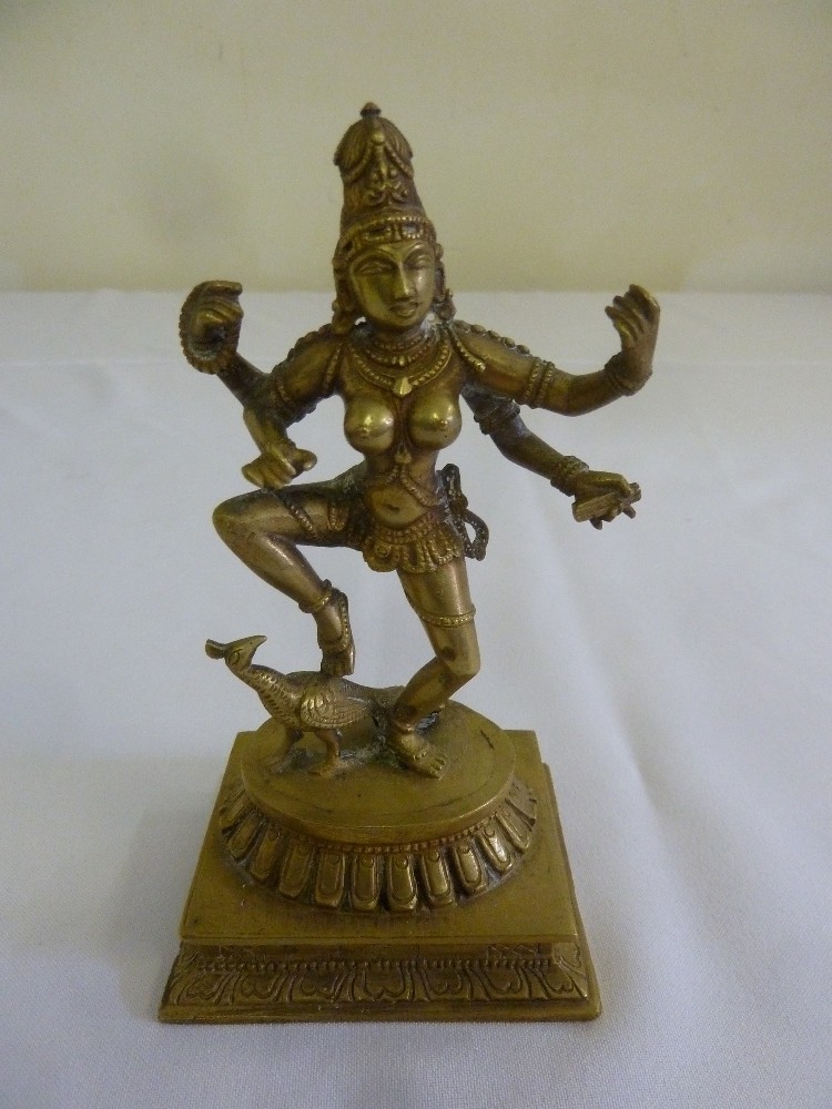 Indian brass figurine of a Goddess on raised rectangular plinth