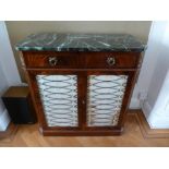 Reproduction rectangular mahogany credenza with two drawers and double door cupboard with green