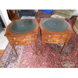 Pair of reproduction mahogany side tables with two drawers, leather inset tops on tapering legs