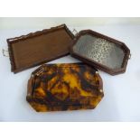 A Maitland-Smith gallery tray with brass handles, a faux tortoiseshell tea tray with leather handles