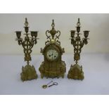 French spelter mantle clock set two train movement, enamel dial, Arabic numerals, with flanking five