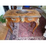 French 19th century style inlaid rectangular card table with inlaid floral hinged top, ormolu mask