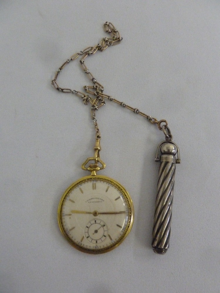 18ct gold open faced pocket watch on an 18ct gold fob chain with silver propelling pencil