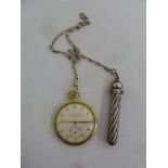 18ct gold open faced pocket watch on an 18ct gold fob chain with silver propelling pencil